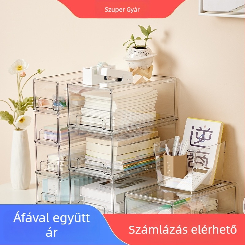 Asztali tároló doboz átlátszó PET-ből, kihúzható kialakítás, kapacitás 10, falra szerelhető furás nélkül