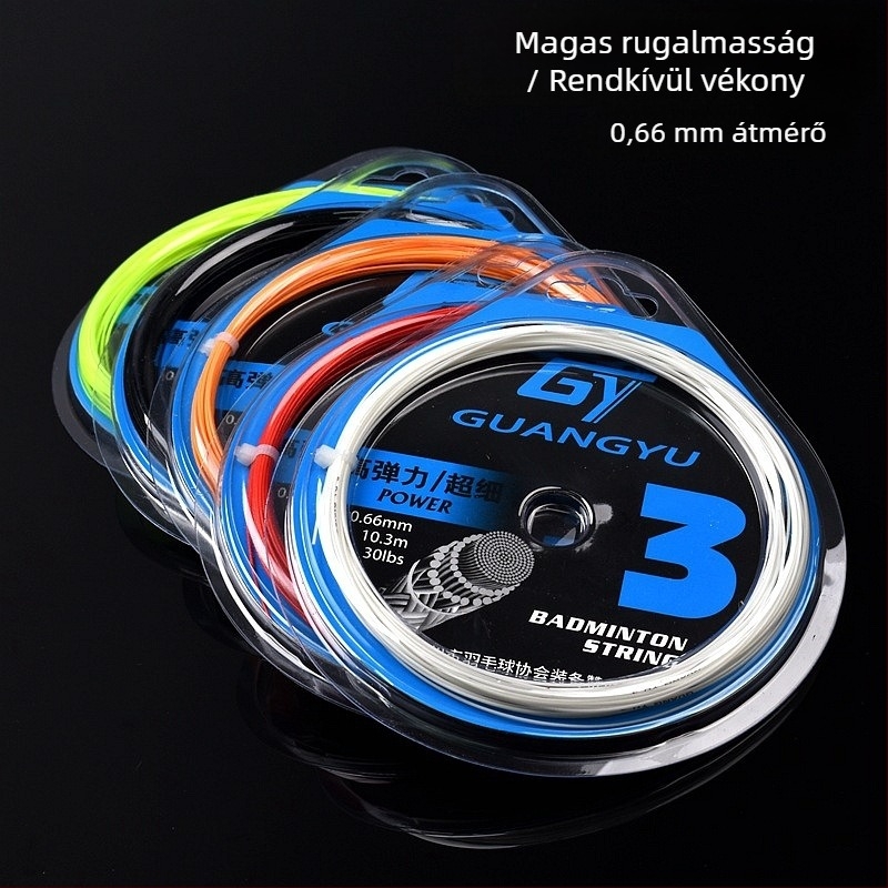 Guangyu badminton húrok — nagy rugalmasságú gyanta és nagy szilárdságú nylon rost; márka Guangyu; kategória: ütőhúr; alkalmas badmintonhoz