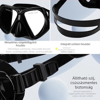Felnőtt búvármaszk polikarbonát kerettel, edzett üveglencsékkel, orrvédővel, súlya 230 g