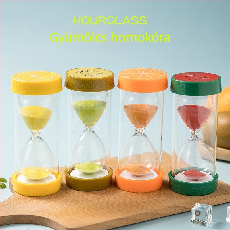 Gyerekeknek szóló gyümölcsös homokórás időmérő – kézzel készített, idilli stílusú oktató játék, műanyag és üveg, 15 perc