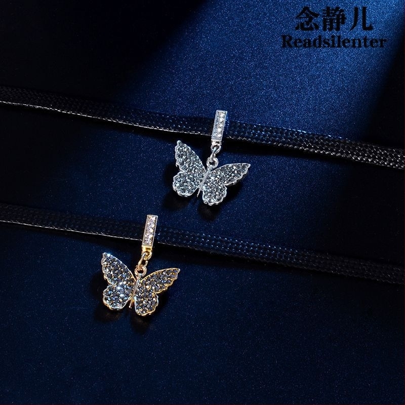 Pillangómedálos nyaklánc, chokers stílus, rövid kulcscsonti lánc, 18K aranyozott bevonat, gyémántos feldolgozás, rhinestone medál, kígyócsont lánc