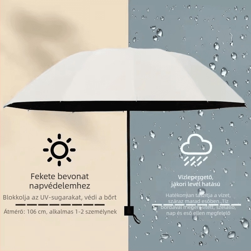 Összecsukható esernyő, kézi nyitás és zárás, 12 bordás fém vázzal, UPF50+ UV védelem, vízálló