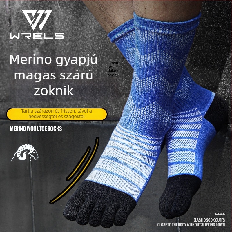 Ötujjú zoknik futáshoz és hegymászáshoz, lélegzőek, gyorsan száradóak, merinó gyapjú keverék: 39,3% merinó gyapjú, 42,6% akril, 15,6% nylon, 2,5% spandex