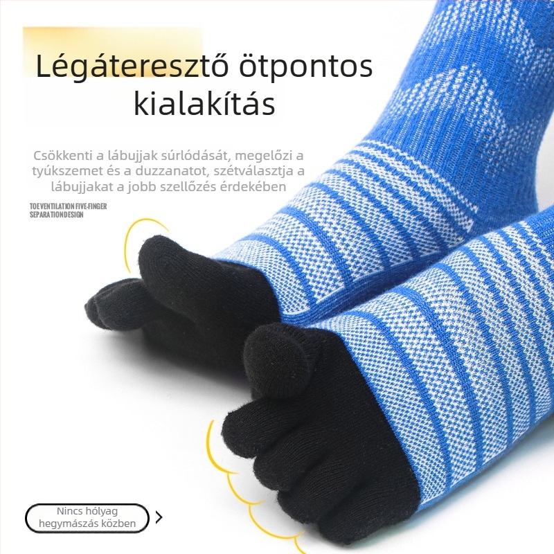 Ötujjú zoknik futáshoz és hegymászáshoz, lélegzőek, gyorsan száradóak, merinó gyapjú keverék: 39,3% merinó gyapjú, 42,6% akril, 15,6% nylon, 2,5% spandex