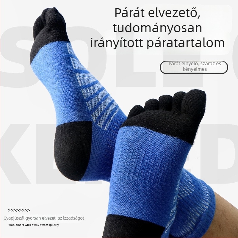 Ötujjú zoknik futáshoz és hegymászáshoz, lélegzőek, gyorsan száradóak, merinó gyapjú keverék: 39,3% merinó gyapjú, 42,6% akril, 15,6% nylon, 2,5% spandex