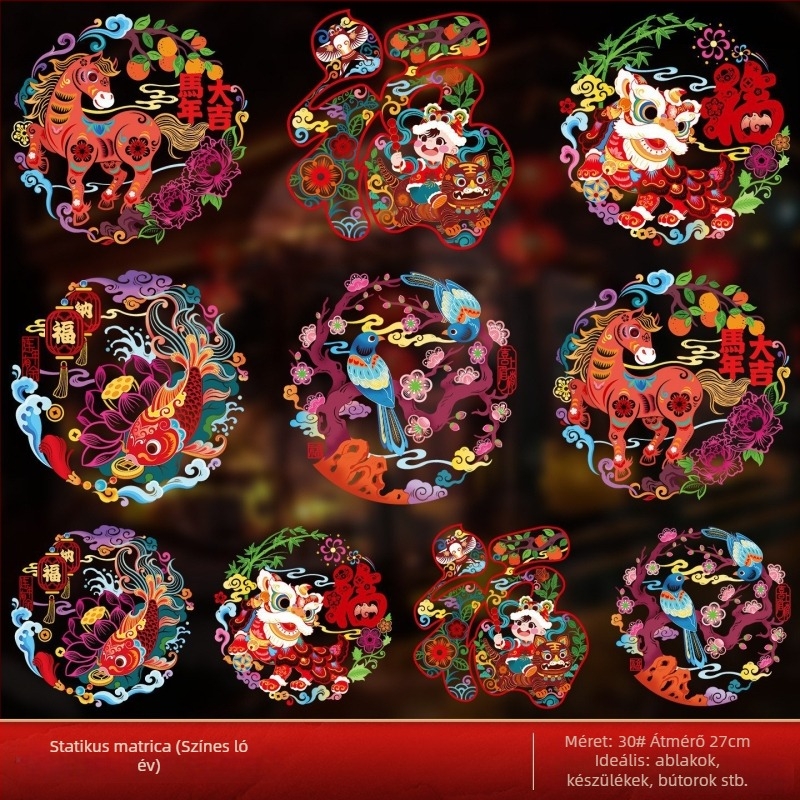 PVC statikus tapadó ablak virág matrica – üveghez, 2026 Ló éve, tavaszi fesztivál dekoráció