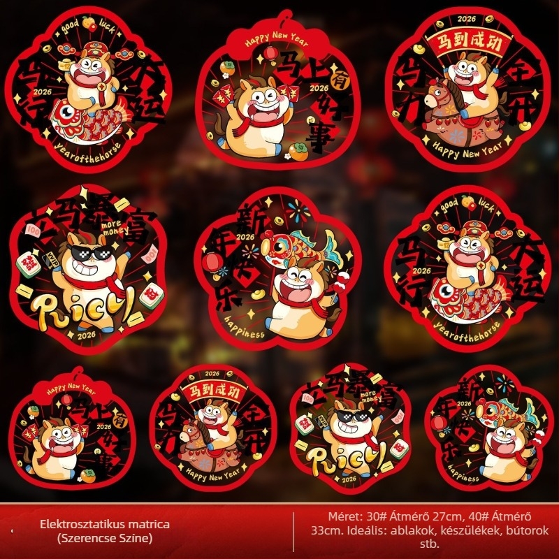 PVC statikus tapadó ablak virág matrica – üveghez, 2026 Ló éve, tavaszi fesztivál dekoráció