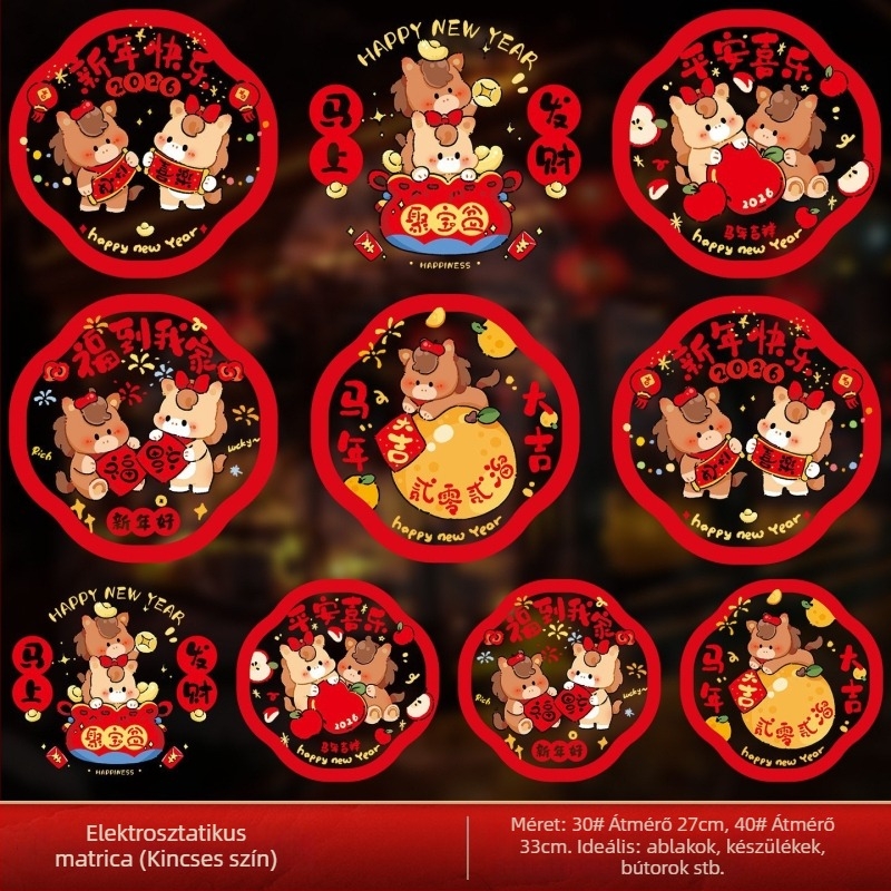 PVC statikus tapadó ablak virág matrica – üveghez, 2026 Ló éve, tavaszi fesztivál dekoráció