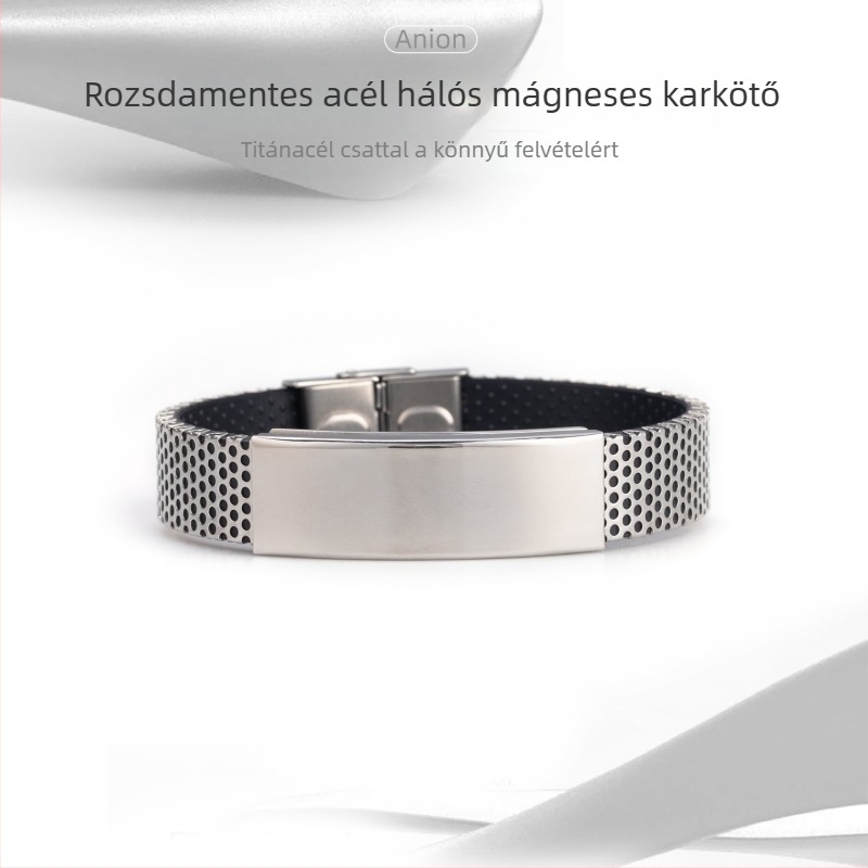Rozsdamentes acél hálós karkötő – uniszex geometriai formájú kézre szánt ékszer, polírozott felület, logó nyomás lehetőség