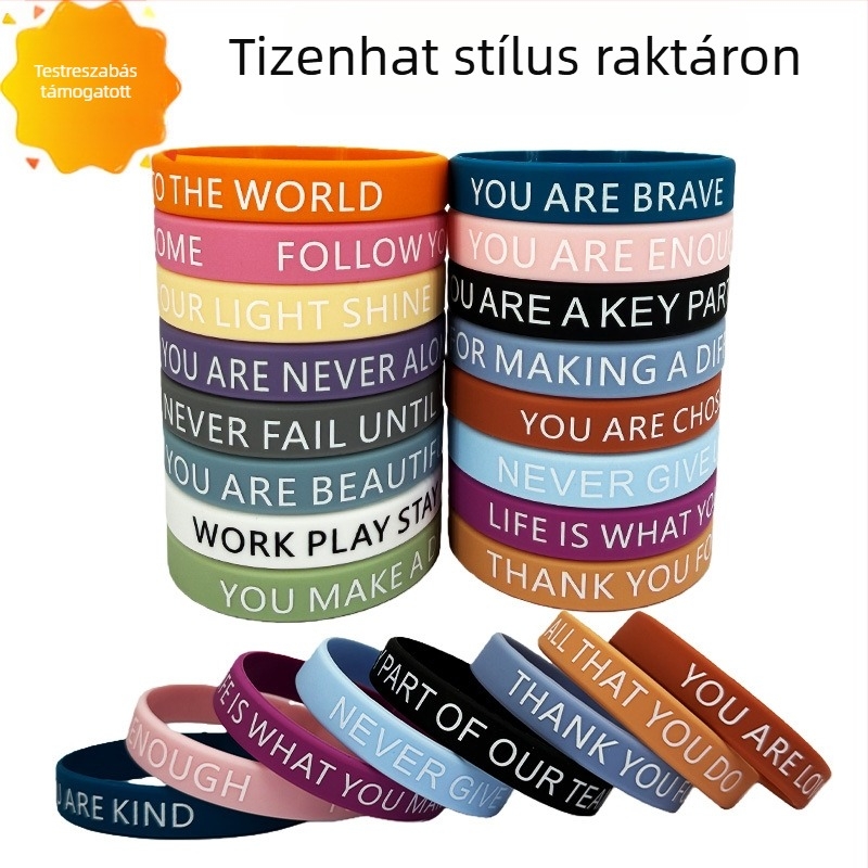 Szilikon karkötő inspiráló idézetekkel, színes macaron nyomtatás, kör formájú, testreszabható