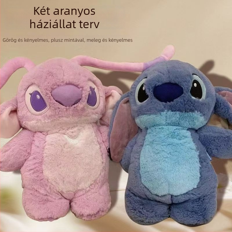 Stitch cartoon plüss melegítő palack vízzel töltve, nyomtatott textil anyag, fűtés vízzel történik, kézre, derékre, lábakra és hátra alkalmas