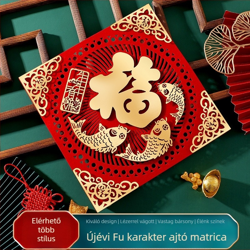 Ajtómatrica áldó szimbólummal, Ló év motívummal, flokolt szövet, bronz bevonat felület, tavaszi fesztivál dekoráció