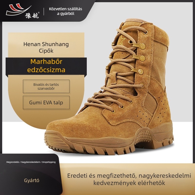 Uniszex magas szárú harci csizma, taktikai, légáteresztő, kopásálló, első réteg marhabőr velúr