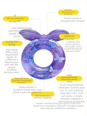 Gyerekeknek szóló felfújható úszógumi karikatúra pillangó hátsó támlával, környezetbarát PVC, 21 mil vastagság, kézi felfújás