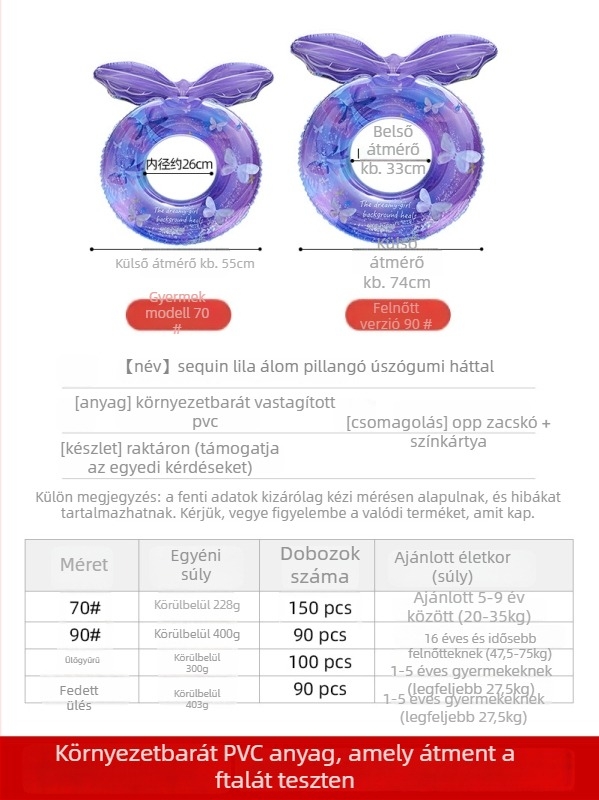 Gyerekeknek szóló felfújható úszógumi karikatúra pillangó hátsó támlával, környezetbarát PVC, 21 mil vastagság, kézi felfújás