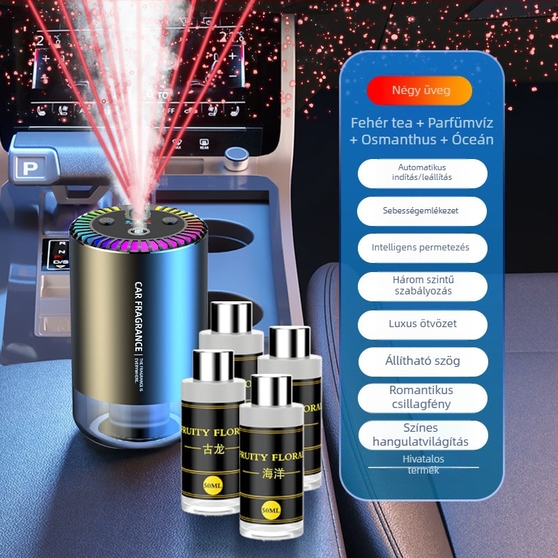 Autó aromaterápiás dísze Jasmine illattal, ABS test, 50–100 ml, automatikus spray, illat több mint 90 napig tart