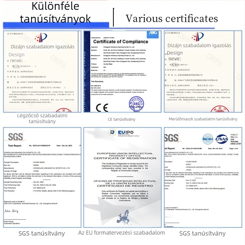 HD búvármaszk integrált szilikon orrvédővel; anyagok: folyékony szilikon, PC, edzett üveg; márka ASY