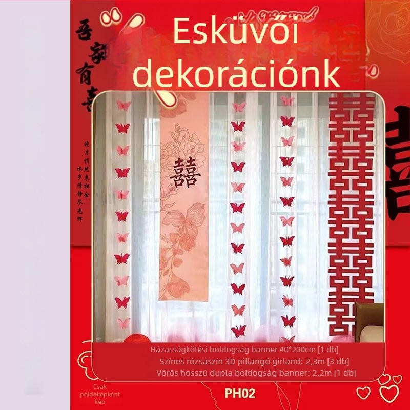 Esküvői rendezvényhelyszín-kellék - szalagból készült hátterű banner dupla boldogság szimbólumokkal (Anyag: szalag; Rendeltetés: esküvői dekoráció; Nem importált)