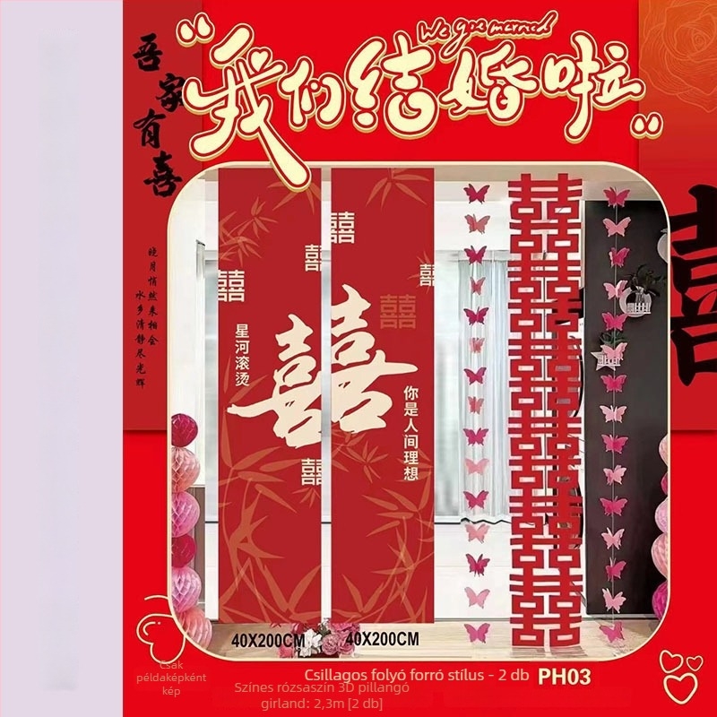 Esküvői rendezvényhelyszín-kellék - szalagból készült hátterű banner dupla boldogság szimbólumokkal (Anyag: szalag; Rendeltetés: esküvői dekoráció; Nem importált)