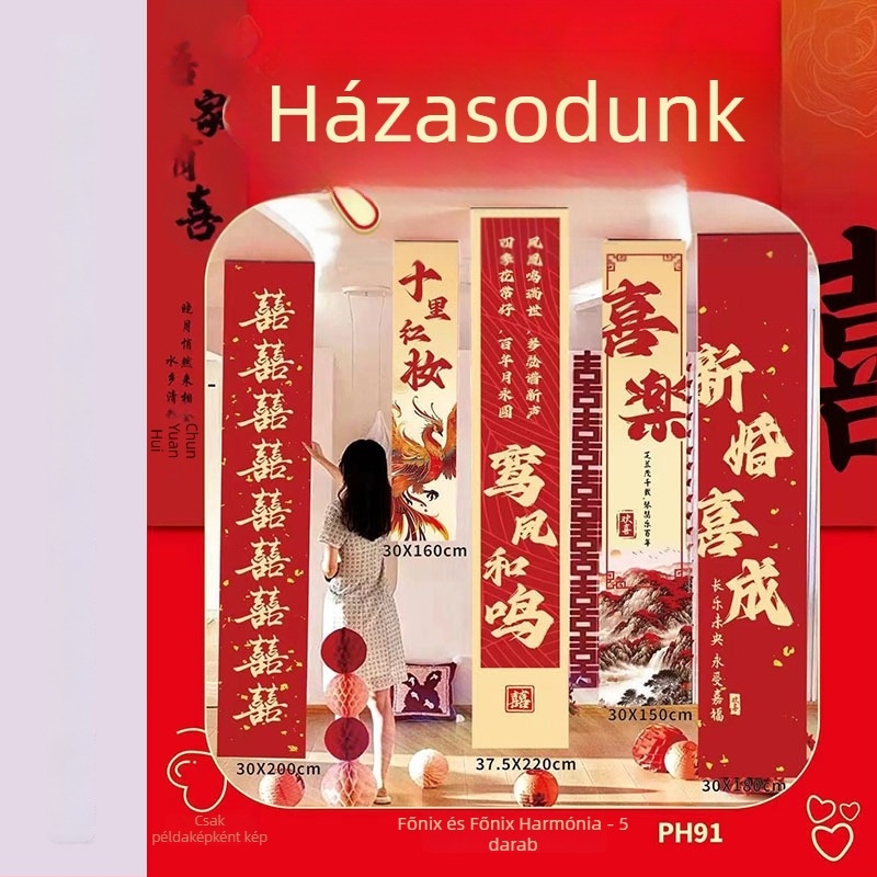 Esküvői rendezvényhelyszín-kellék - szalagból készült hátterű banner dupla boldogság szimbólumokkal (Anyag: szalag; Rendeltetés: esküvői dekoráció; Nem importált)