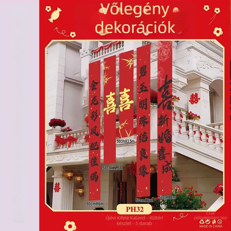 Esküvői rendezvényhelyszín-kellék - szalagból készült hátterű banner dupla boldogság szimbólumokkal (Anyag: szalag; Rendeltetés: esküvői dekoráció; Nem importált)