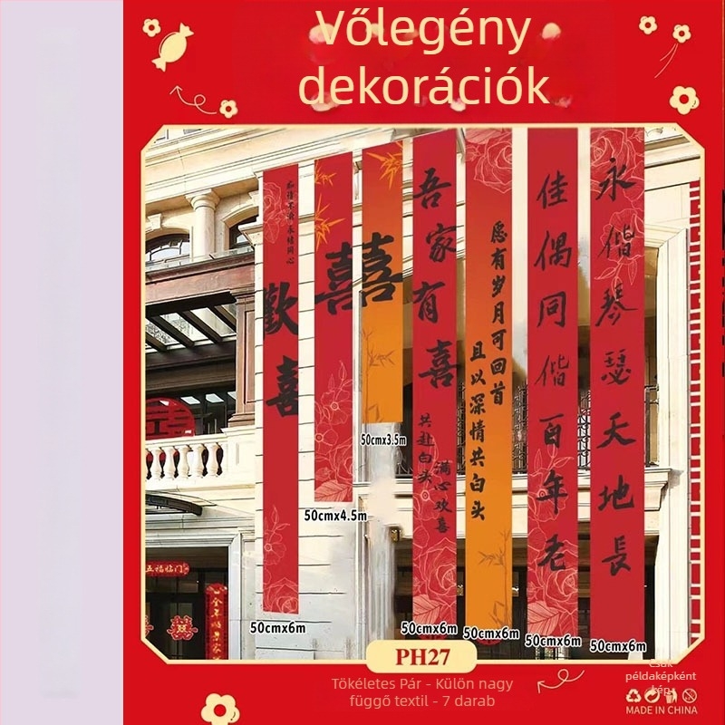 Esküvői rendezvényhelyszín-kellék - szalagból készült hátterű banner dupla boldogság szimbólumokkal (Anyag: szalag; Rendeltetés: esküvői dekoráció; Nem importált)