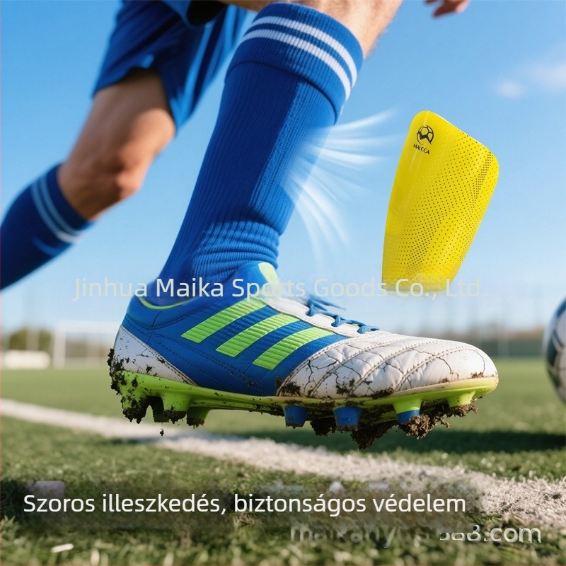 MAICCA futball sípcsontvédők felnőtteknek és gyerekeknek — műanyag héj, termékkód 885-9, vastagabb dupla rétegű betét ventillációs nyílásokkal