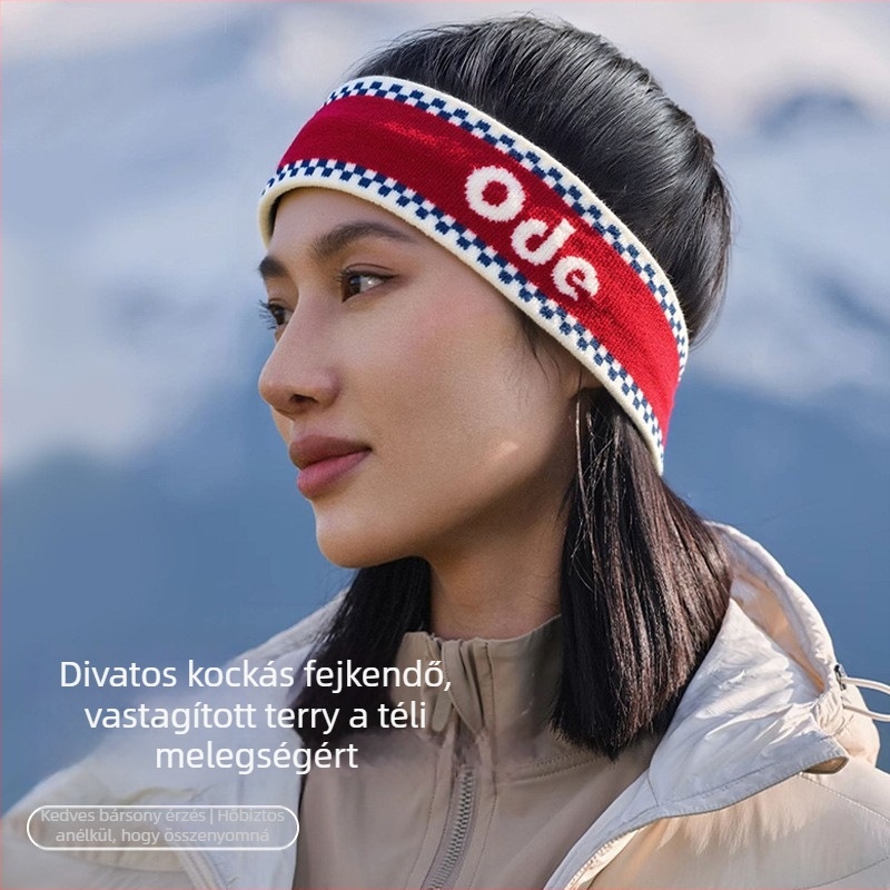 Sportos fejpánt kockás mintával, fleece-béléssel, magas elasztikussággal, szöveges motívummal