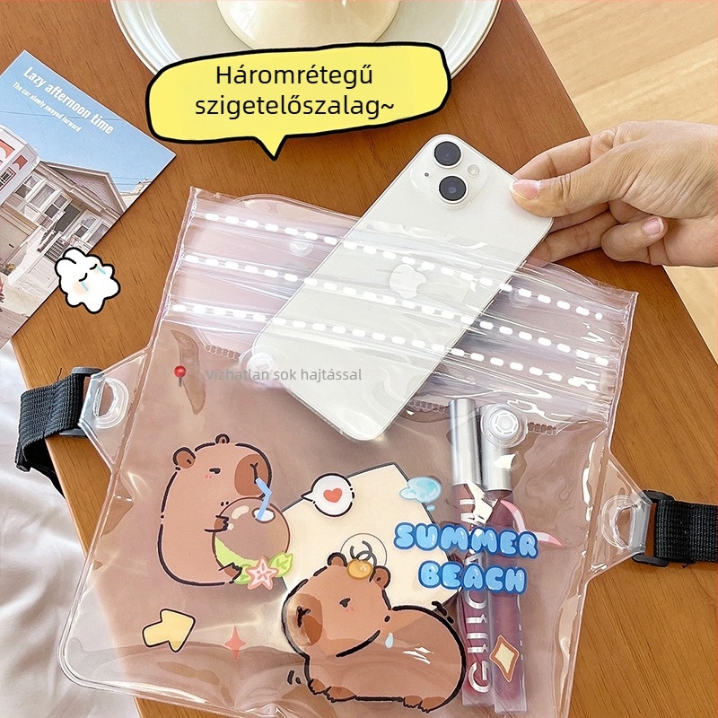 Kedves vízálló telefontáska - Karikatúra mintás deréktáska, érintőképernyő kompatibilis, PVC anyag, alkalmas úszásra, búvárkodásra és utazásra