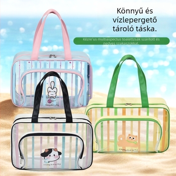 Nagy kapacitású utazási tárolótáska, száraz–nedves elválasztás, vízálló, csíkos kozmetikai és higiénés táska PVC-ből, hordozható