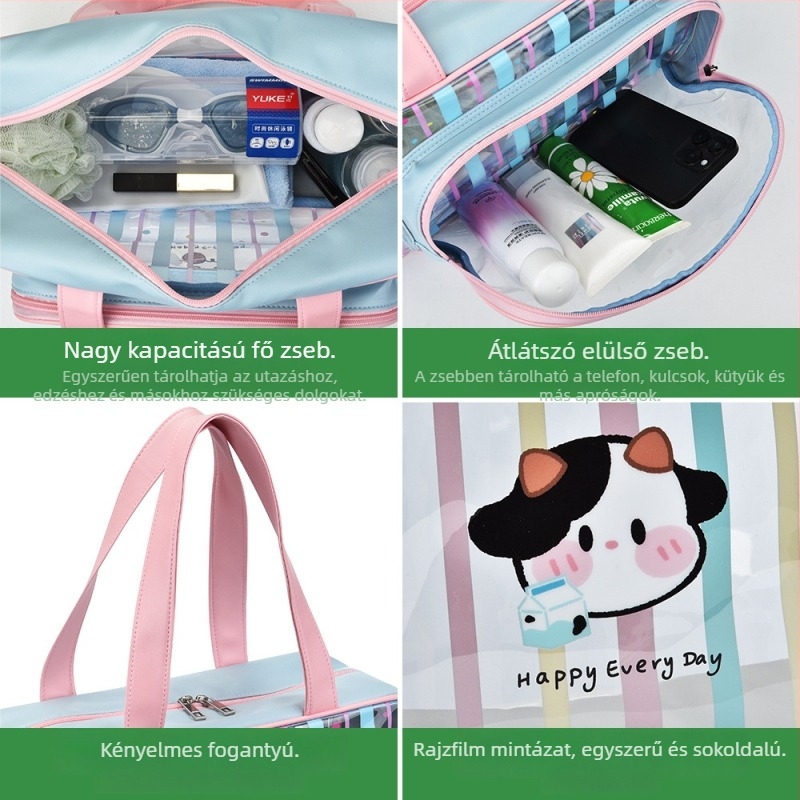 Nagy kapacitású utazási tárolótáska, száraz–nedves elválasztás, vízálló, csíkos kozmetikai és higiénés táska PVC-ből, hordozható