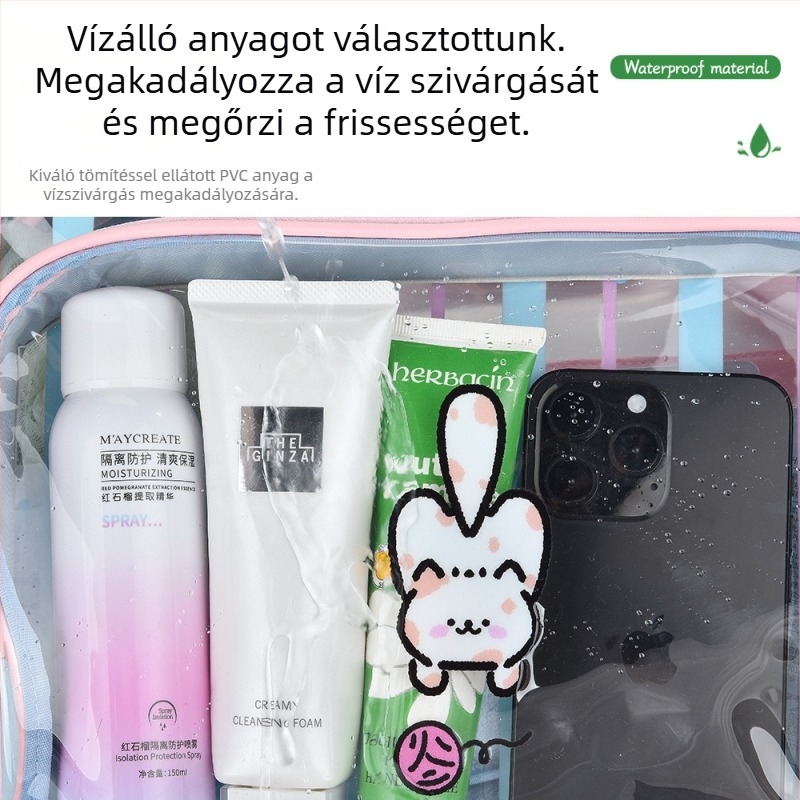 Nagy kapacitású utazási tárolótáska, száraz–nedves elválasztás, vízálló, csíkos kozmetikai és higiénés táska PVC-ből, hordozható