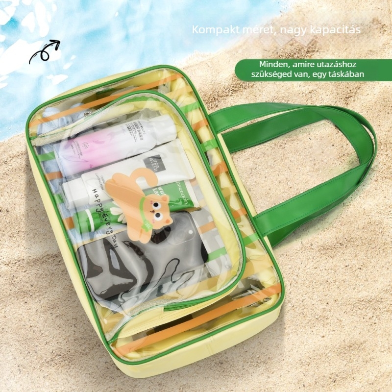 Nagy kapacitású utazási tárolótáska, száraz–nedves elválasztás, vízálló, csíkos kozmetikai és higiénés táska PVC-ből, hordozható