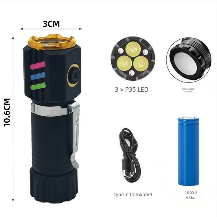 Adventurer Három LED-es újratölthető zseblámpa mágneses farokkal, 15W, 200–500 m hatótáv