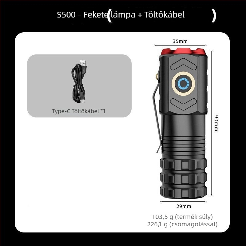 Adventurer Három LED-es újratölthető zseblámpa mágneses farokkal, 15W, 200–500 m hatótáv