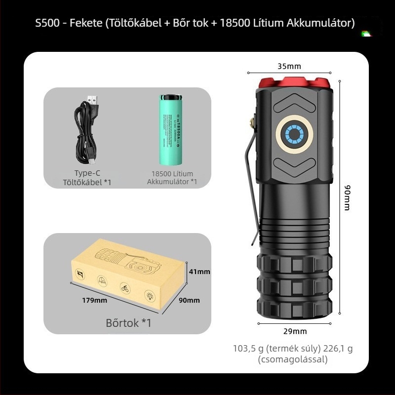Adventurer Három LED-es újratölthető zseblámpa mágneses farokkal, 15W, 200–500 m hatótáv