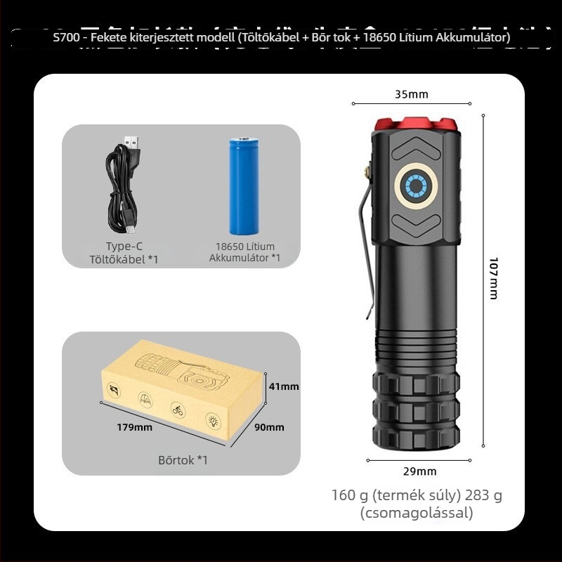 Adventurer Három LED-es újratölthető zseblámpa mágneses farokkal, 15W, 200–500 m hatótáv