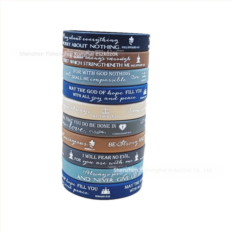 Szilikon Biblia karkötők Macaron mintával, uniszex vallási/totem dizájn (Anyag: szilikon; Logónyomtatás: elérhető; Forma: geometrikus; Csomagolás: tömegben vagy egyénileg csomagolva)