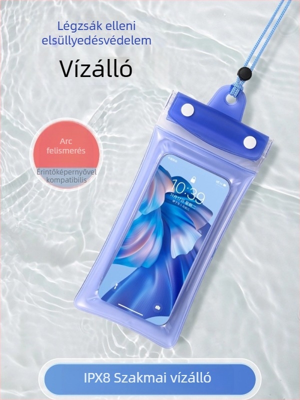 Airbag vízálló telefon-táska érintőképernyővel, PVC anyagból, ideális merüléshez, úszáshoz, raftinghoz, víz alatti fotózáshoz és szabadban történő használathoz.