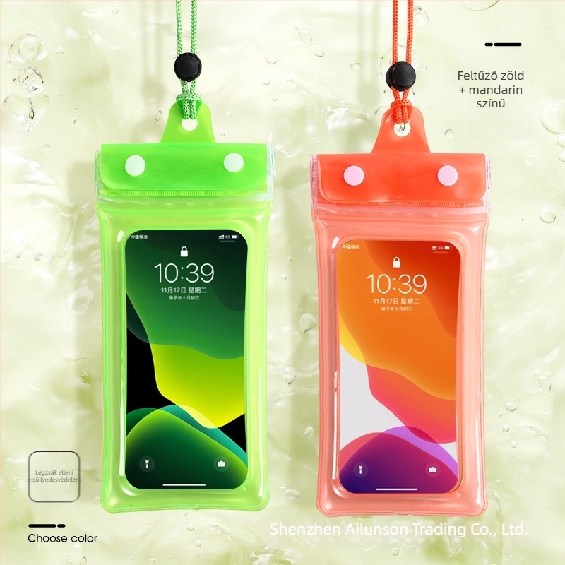 Airbag vízálló telefon-táska érintőképernyővel, PVC anyagból, ideális merüléshez, úszáshoz, raftinghoz, víz alatti fotózáshoz és szabadban történő használathoz.