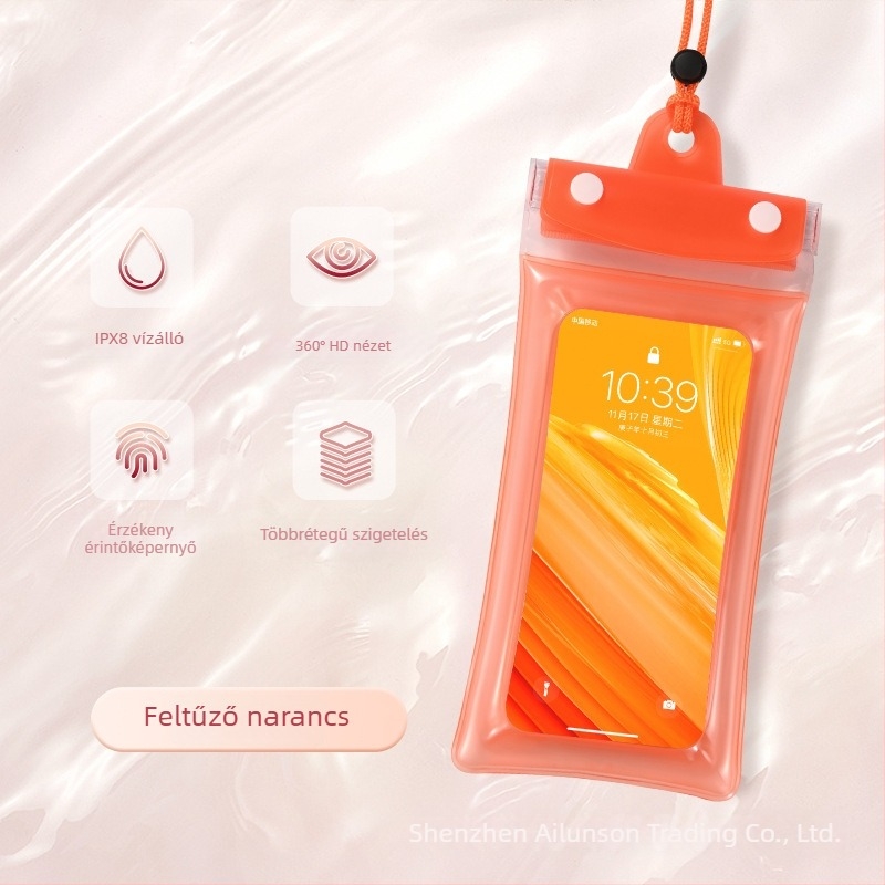 Airbag vízálló telefon-táska érintőképernyővel, PVC anyagból, ideális merüléshez, úszáshoz, raftinghoz, víz alatti fotózáshoz és szabadban történő használathoz.