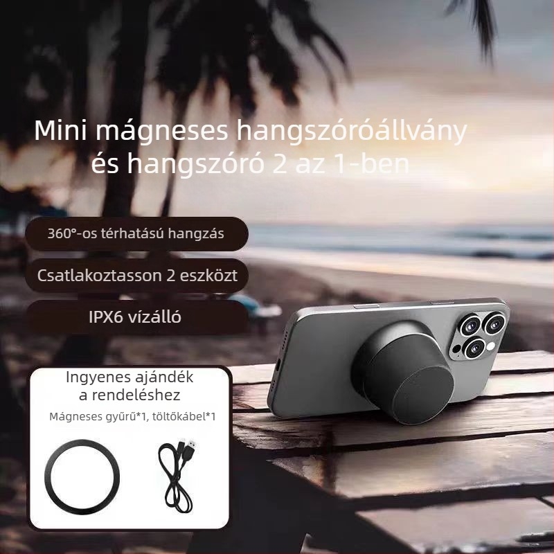 Textil borítású mágneses telefon-tartóval ellátott Bluetooth hangszóró, kompakt kültéri, vízálló, mély basszus