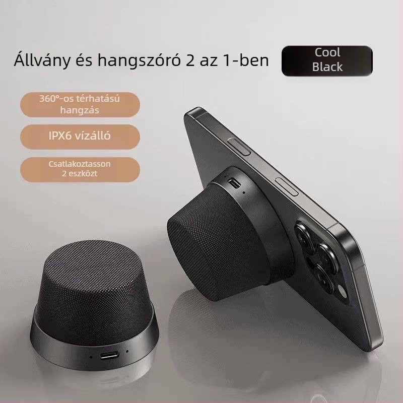 Textil borítású mágneses telefon-tartóval ellátott Bluetooth hangszóró, kompakt kültéri, vízálló, mély basszus