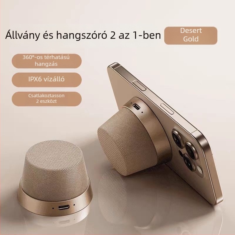 Textil borítású mágneses telefon-tartóval ellátott Bluetooth hangszóró, kompakt kültéri, vízálló, mély basszus