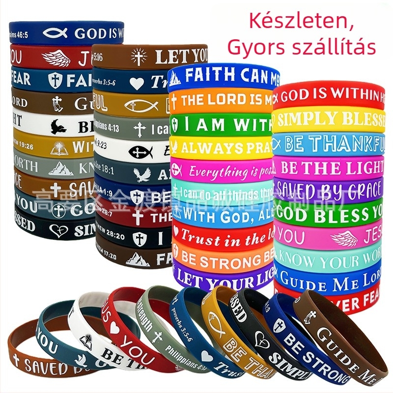 Szilikon karkötő a csuklóra, kör alakú, uniszex, európai–amerikai stílus, kereszt és hit dizájn, egyedi logó nyomtatás