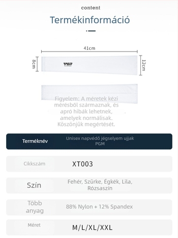 Golf Ice Silk ujjvédő - Uniszex, Spandex/Lycra anyag, kültéri használat, UV-védelem, nedvesség-elnyelés és izzadság-elvezetés