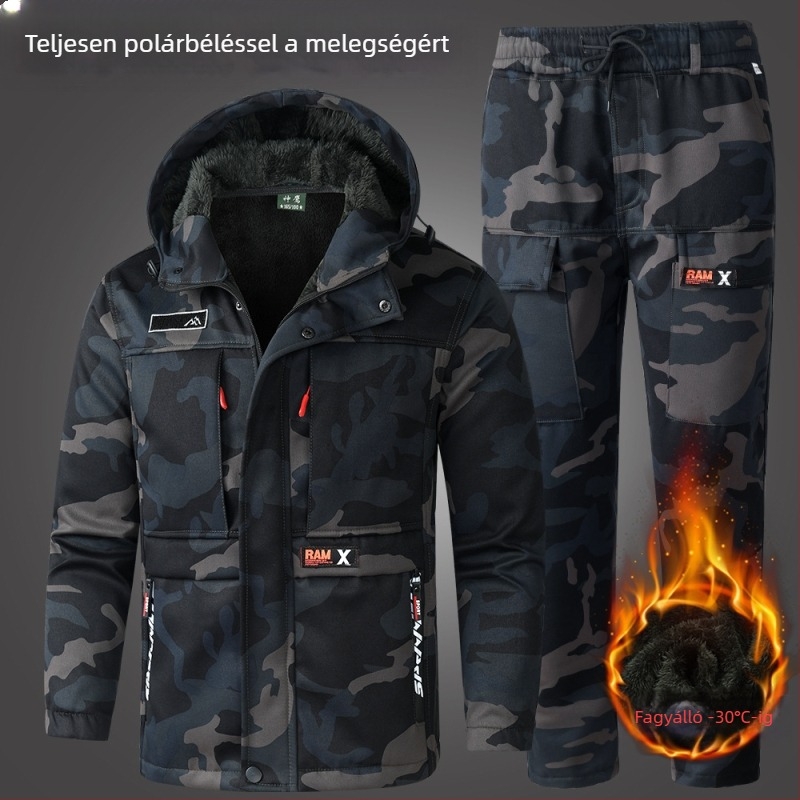Téli fleece-es munkaruha kamuflált mintázattal – hegesztő- és autójavító egyenruha, vastag és meleg