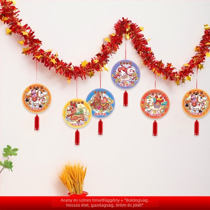 Papírszalagok újévi dekorációhoz, A Ló éve motívumokkal, zodiákus karikatúrák és rajzfilm motívumok, terem elrendezés rekvizítumok