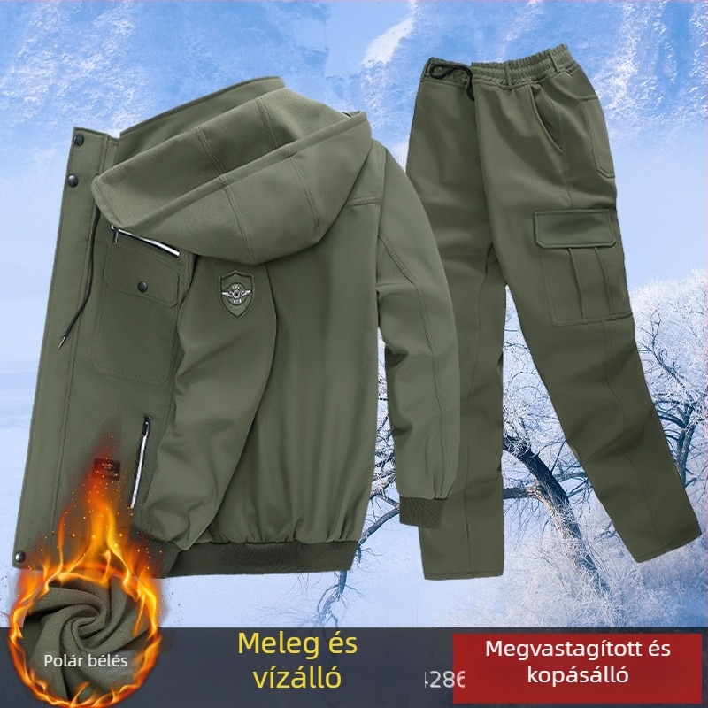 Férfi téli munkaruha készlet, kamuflááz, fleece béléssel, vastag, meleg, szél- és vízálló, égés elleni és kopásálló