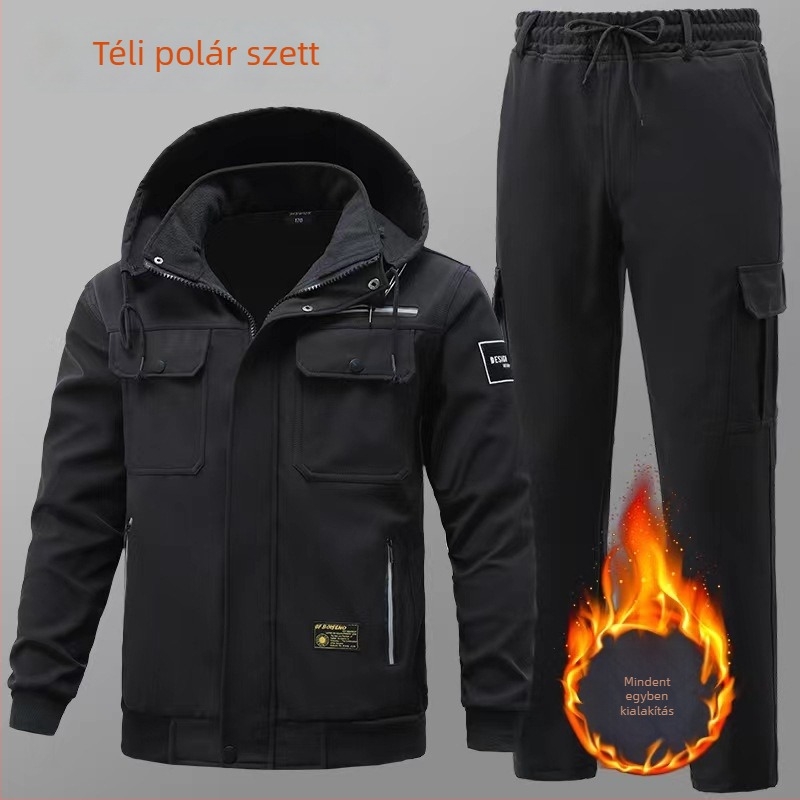 Férfi téli munkaruha készlet, kamuflááz, fleece béléssel, vastag, meleg, szél- és vízálló, égés elleni és kopásálló